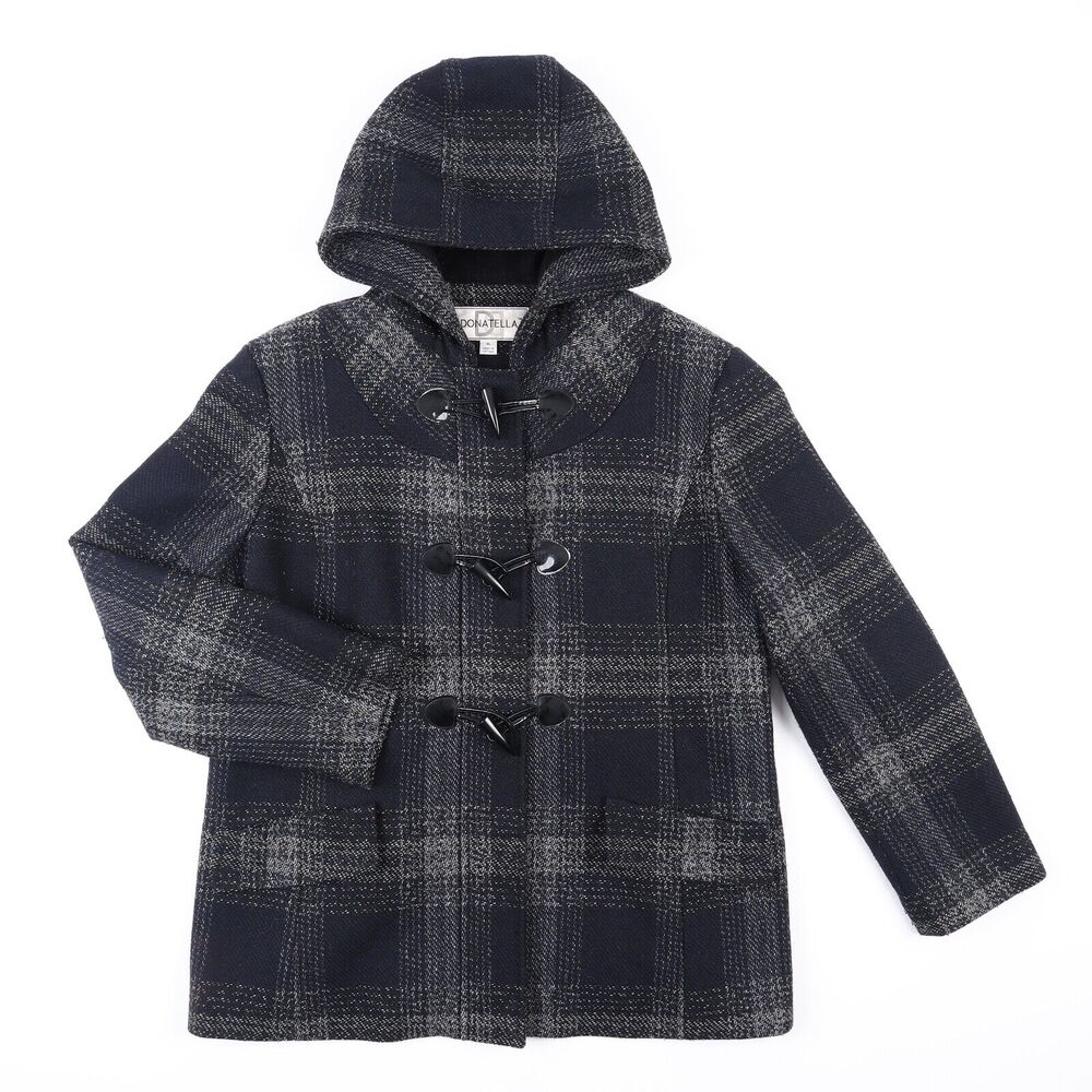Donatella Wool Blend Black & Gray Plaid Hooded Peacoat Women's Size XL